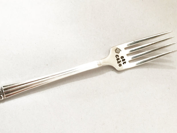 "Eat Cake" custom stamped fork