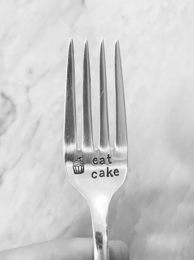 "Eat Cake" custom stamped fork
